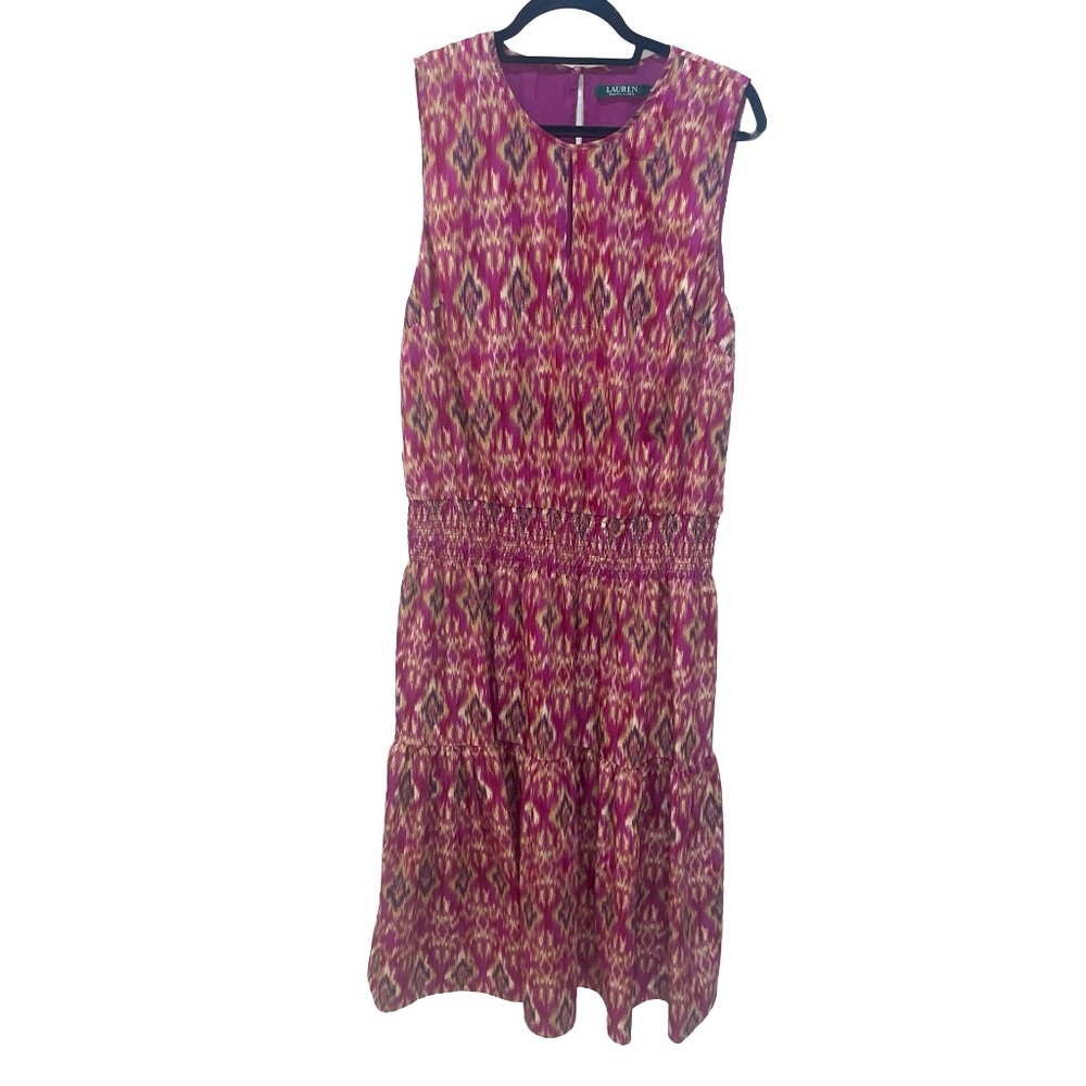 Lauren Ralph Lauren Sleeveless Pink/Tan Aztec Tribal Print Smocked Dress Sz XL
